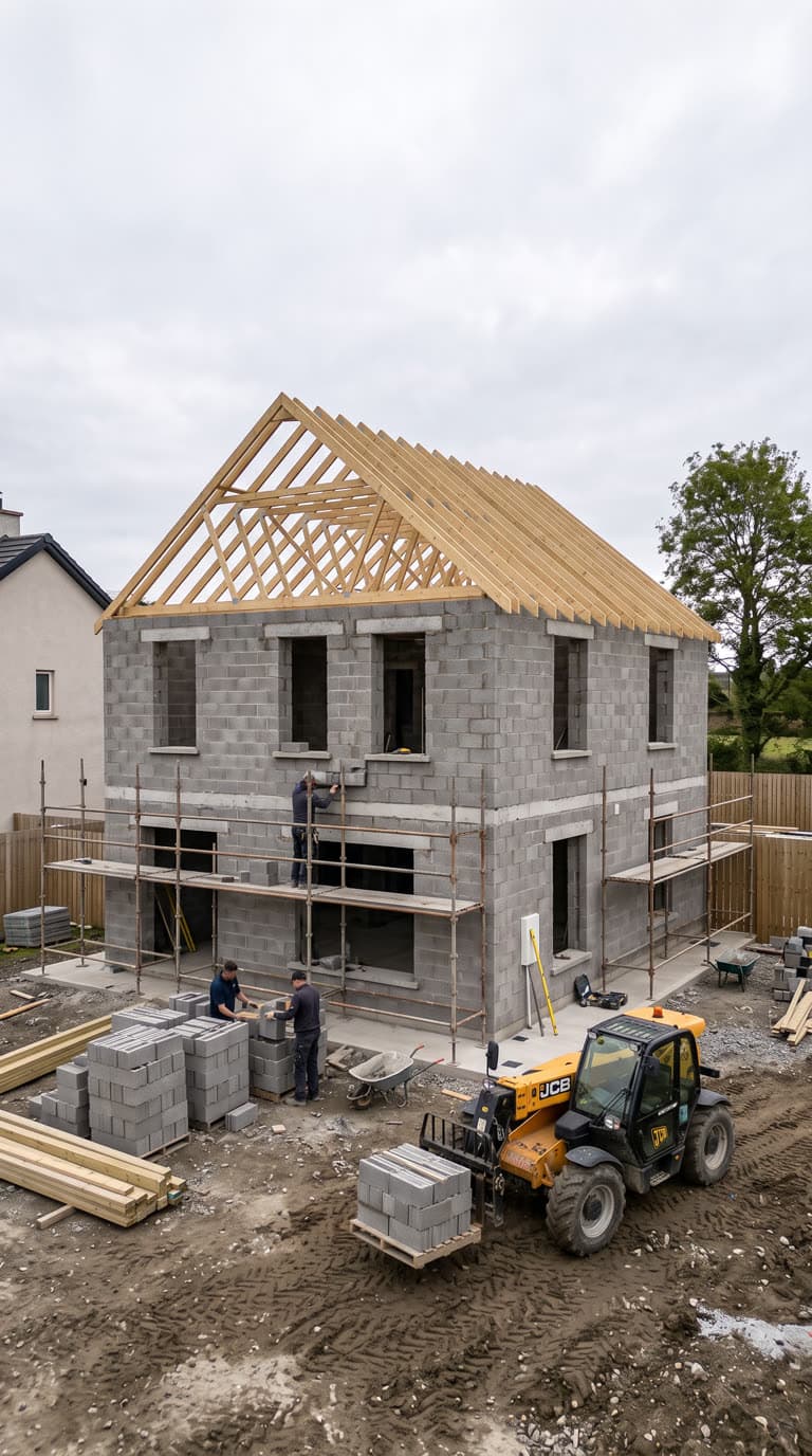 Dachstuhl und sichtbarer Fortschritt beim Hausbau